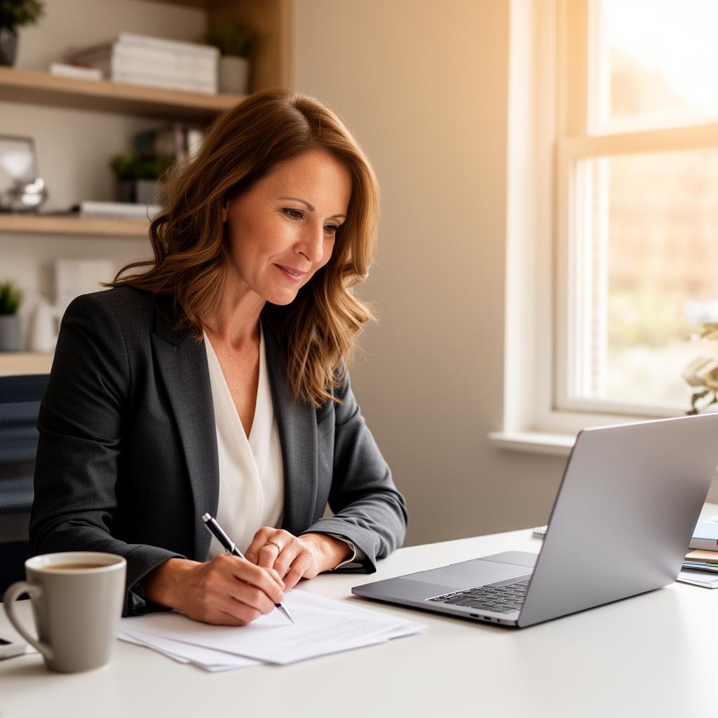Kelly Atwater working at her desk reviewing a LinkedIn outreach campaign