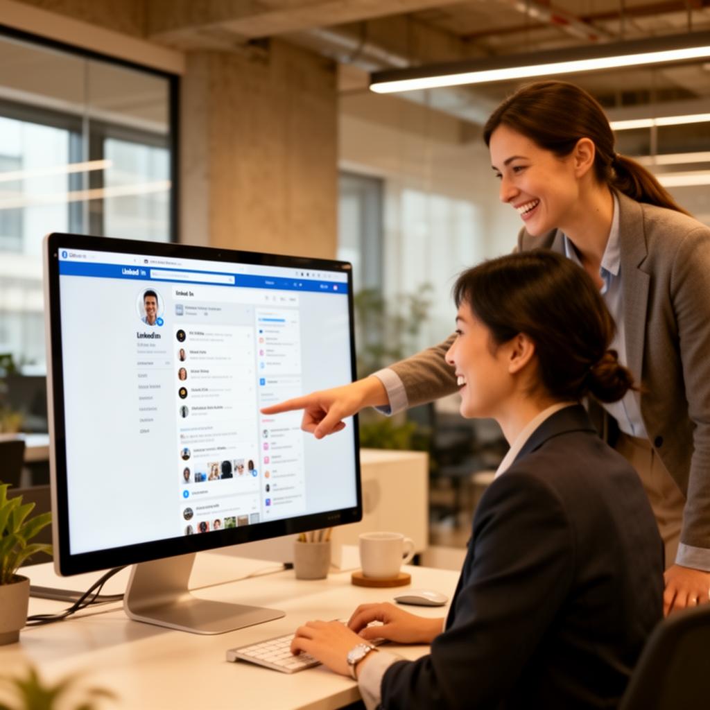 Team reviewing an optimized LinkedIn profile on screen