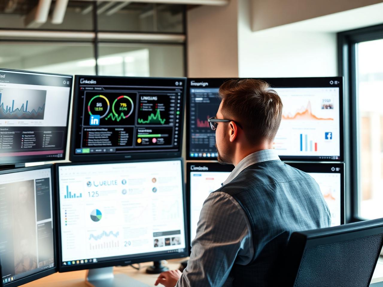 Professional reviewing integrated marketing dashboards across multiple screens
