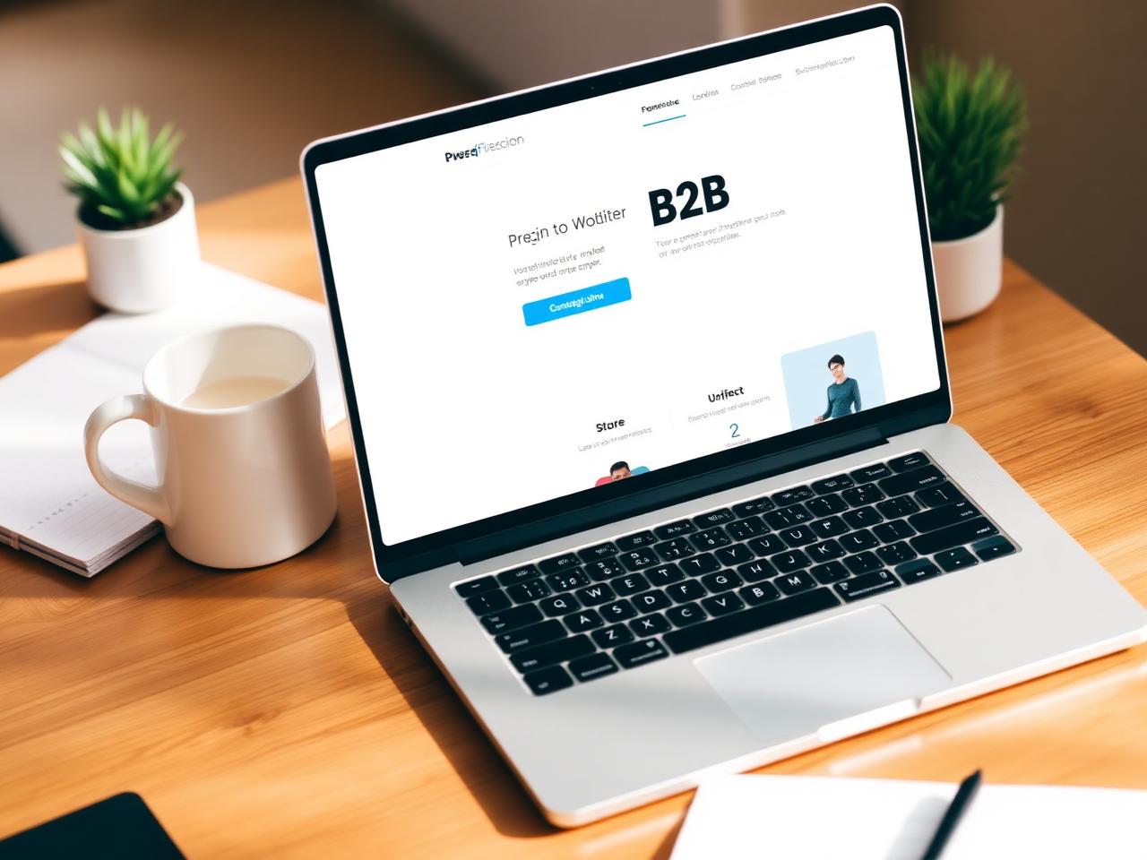 Laptop showing a clean professional B2B website on a tidy desk